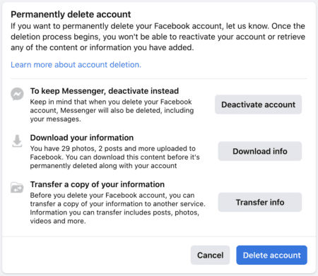 Screenshot der Facebook-Seite: Konto löschen