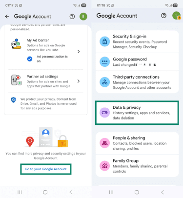 Two Android screenshots side by side showing the "Activity controls" and "Google Account" pages. The "Got to your Google Account" and "Data & privacy" options are highlighted.