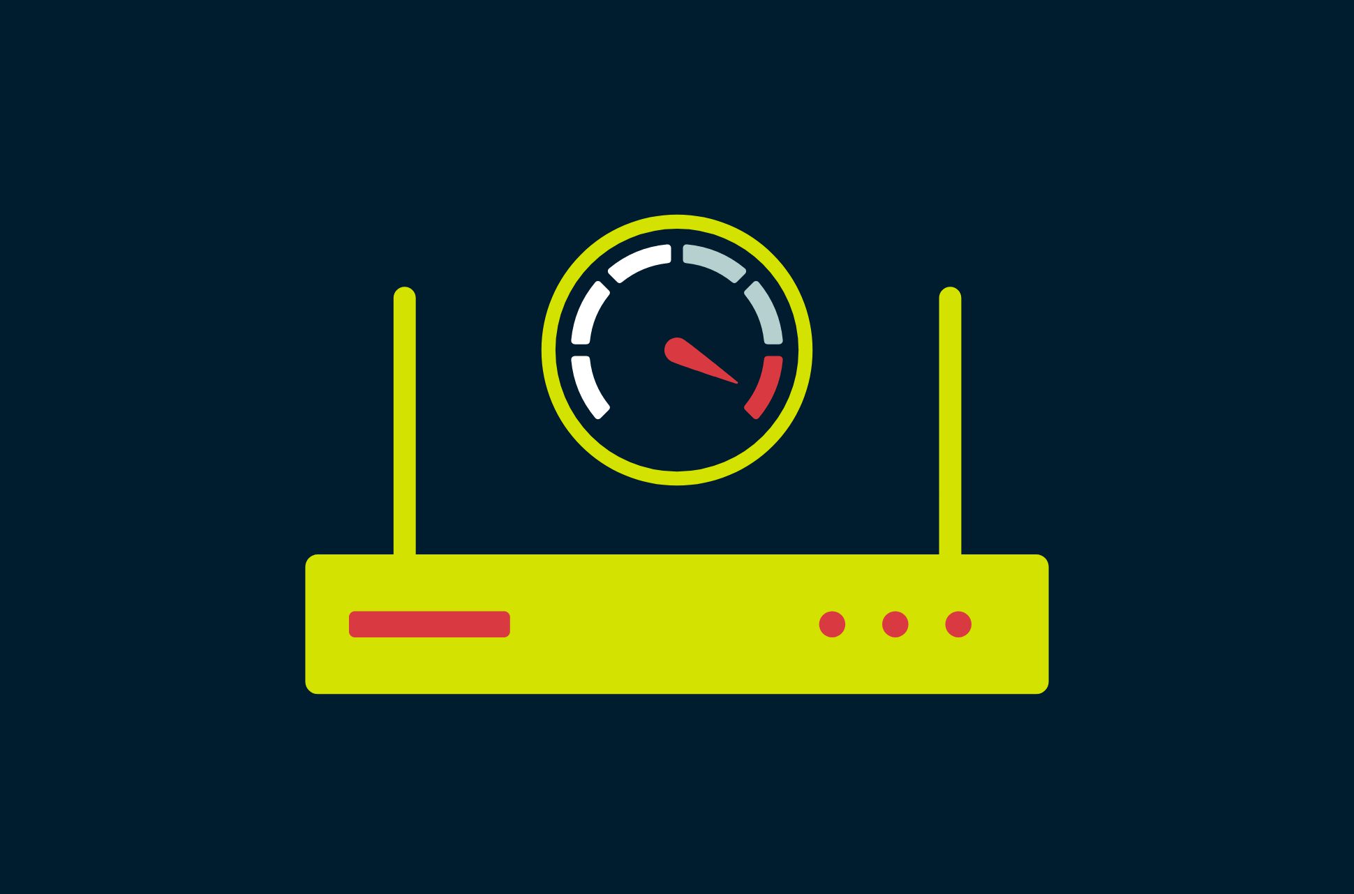 Router with a speedometer above it indicating ways to boost Wi-Fi signal at home.