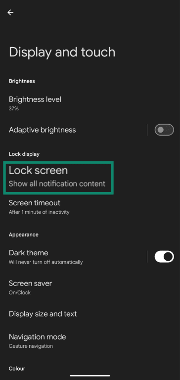 Accessing the Lock screen settings menu through the Pixel's Display and touch settings menu