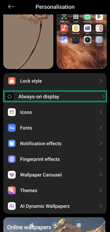 Opening Xiaomi's Always-on display settings