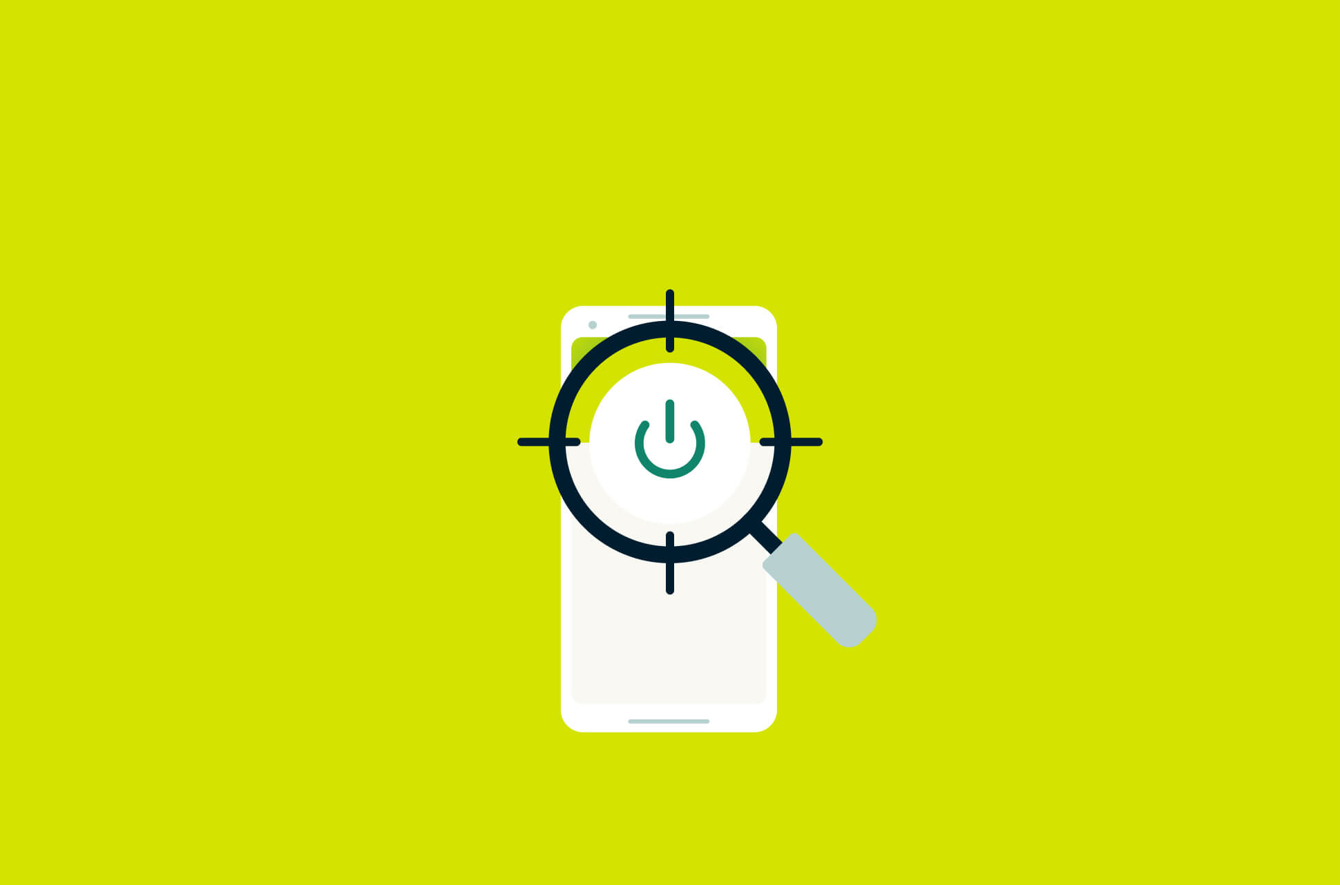 A magnifying glass over a phone with the On button.