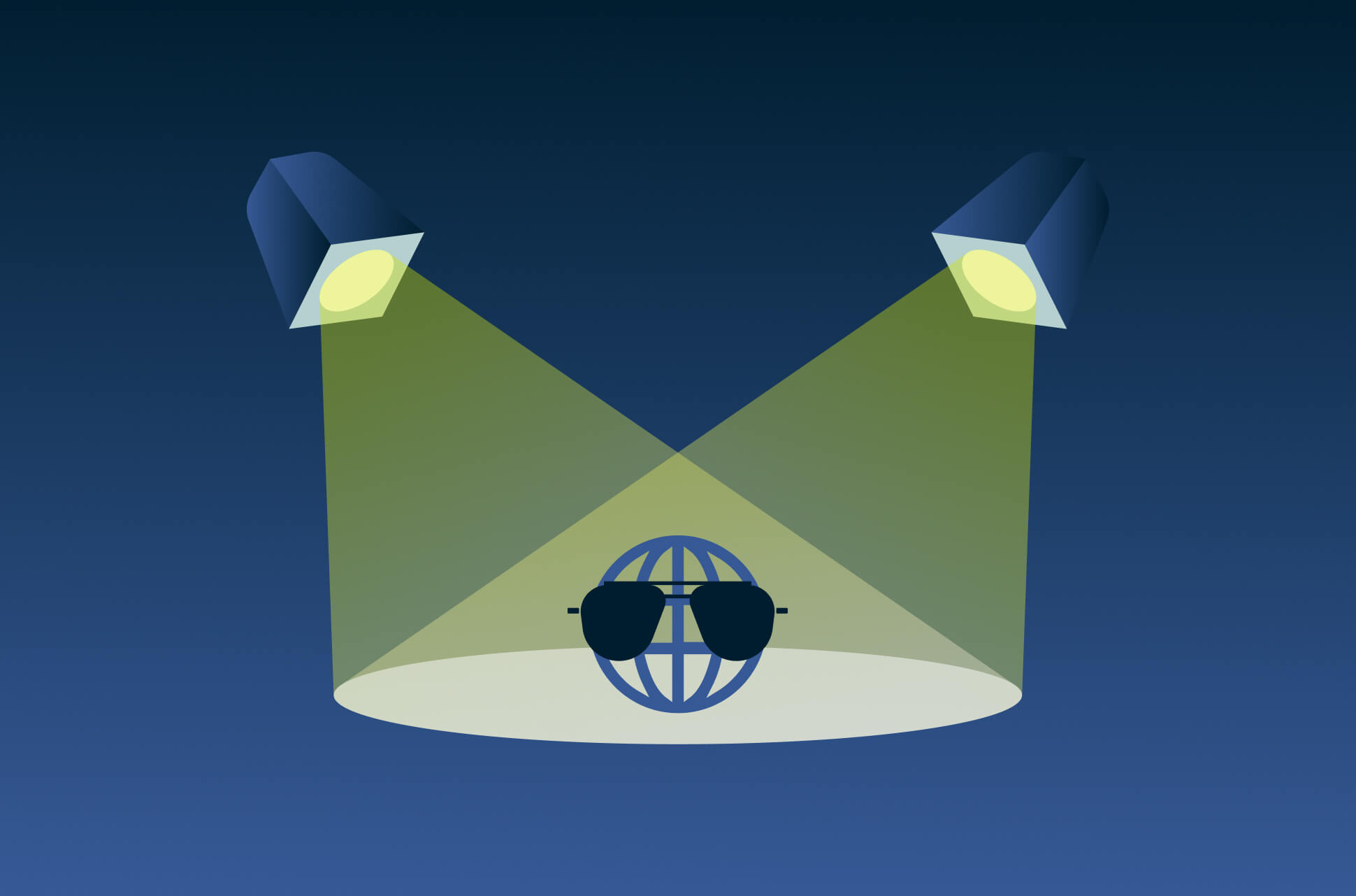 Globe with sunglasses under spotlights.