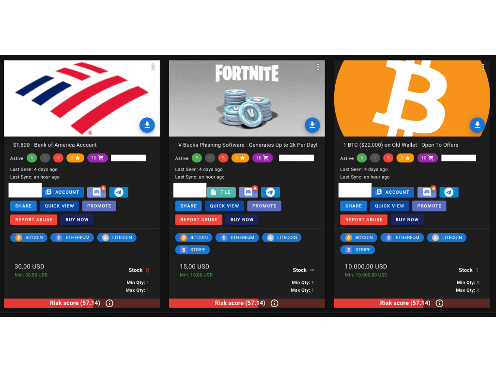 Voorbeelden van bank-, gaming- en Bitcoin-accounts die te koop zijn op het dark web.