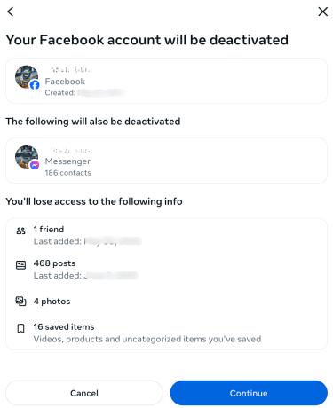 Your Facebook account will be deactivate page.