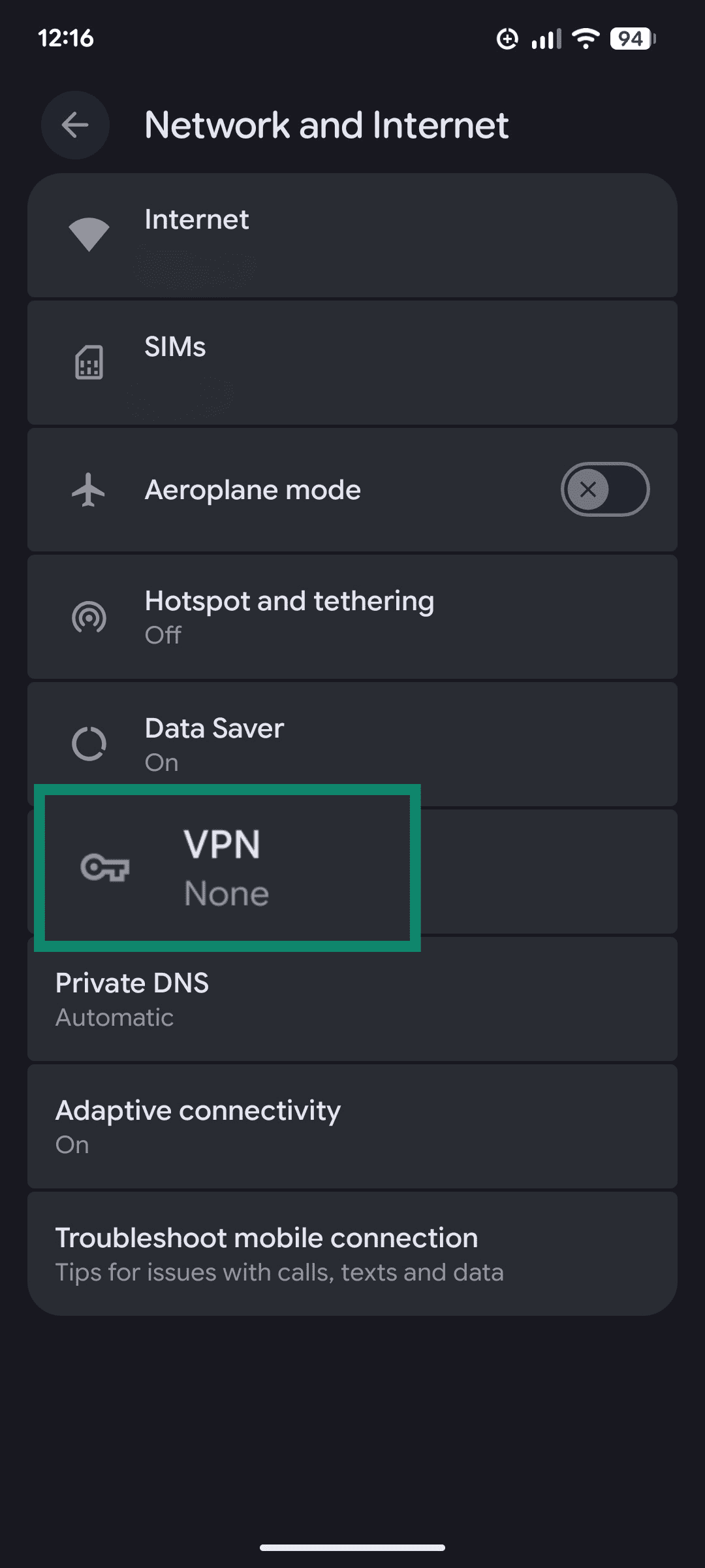 Android Network and Internet menu with VPN highlighted