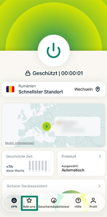 ExpressVPN home screen showing user is connected, with Add-ons tab highlighted.