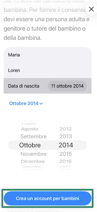 Options to invite family member or create child account on iPhone.