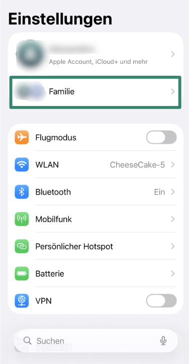 iPhone Settings screen with “Family” option highlighted under Apple ID.