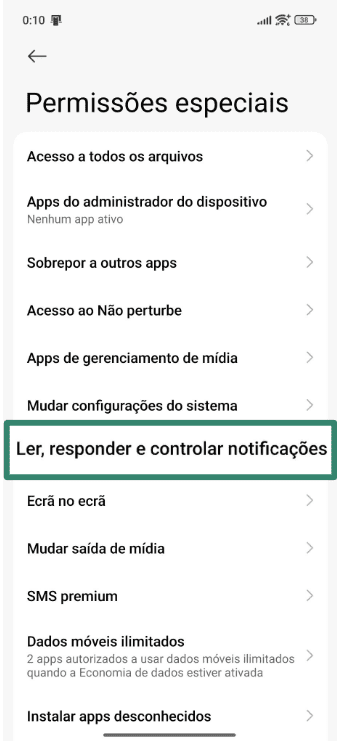 Android special permissions with Device & app notifications highlighted.