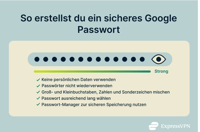 Infographic showing how to create a strong Google password.