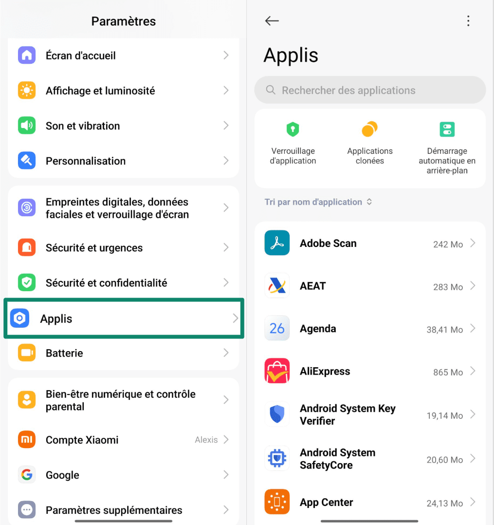 Android Settings screen highlighting the Apps menu option.