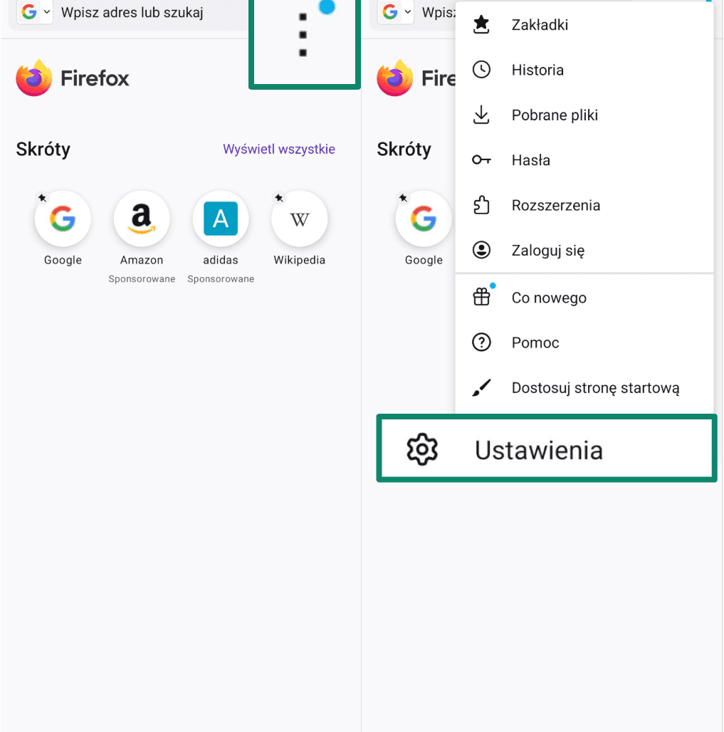 Accessing Firefox settings from the three-dot menu on Android.