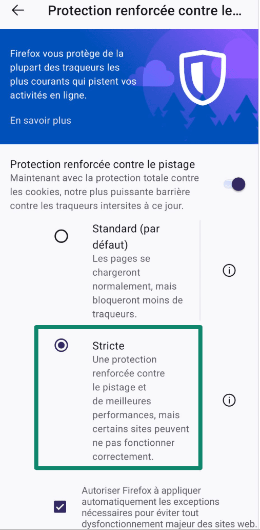 Enhanced Tracking Protection settings in Firefox set to Strict.