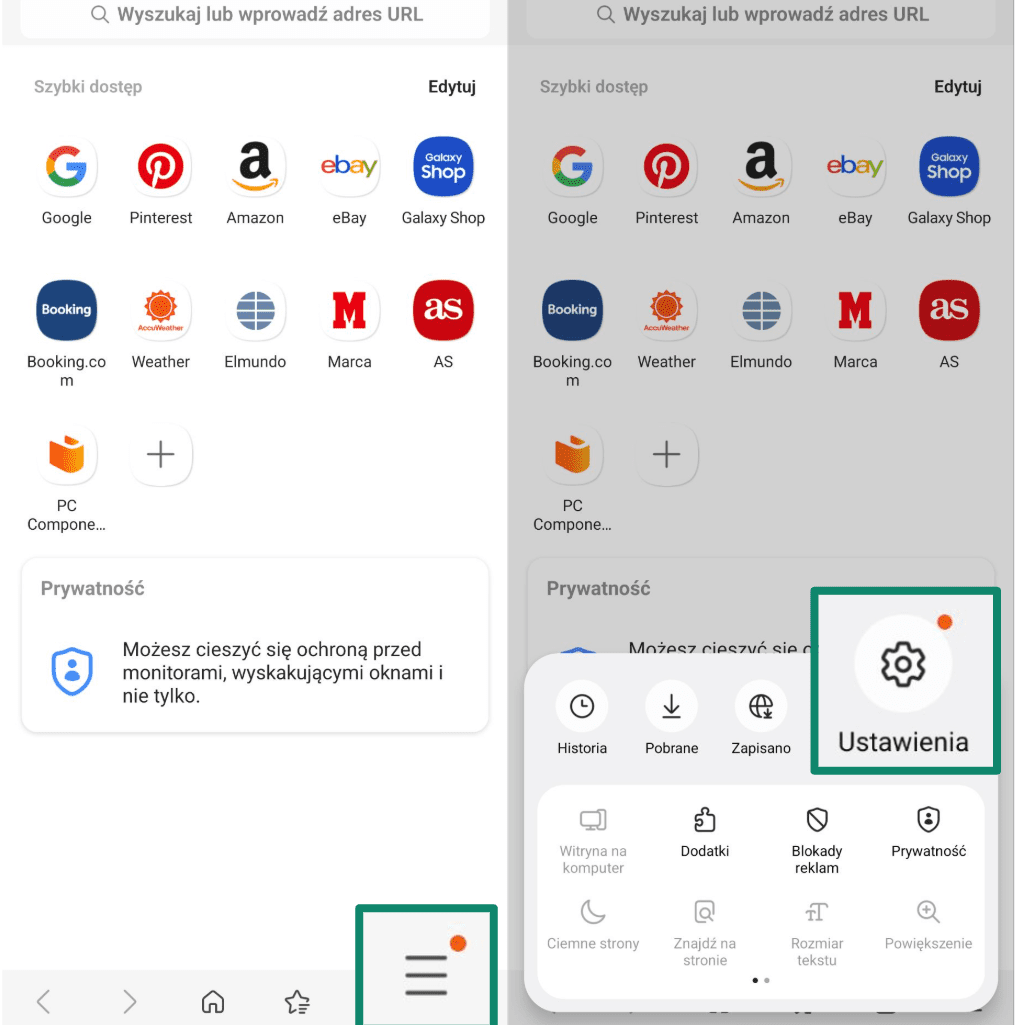 Opening Samsung Internet settings from the bottom menu on Android.