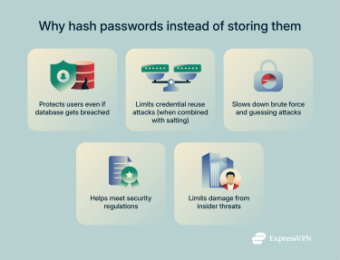 Infographic showing why to hash passwords instead of storing them.
