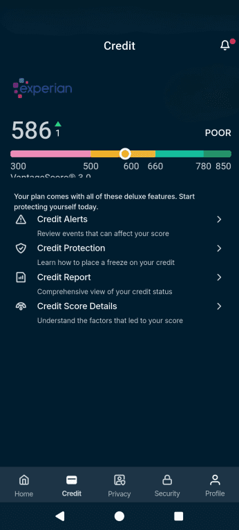 The Identity Defender credit scanner main menu.
