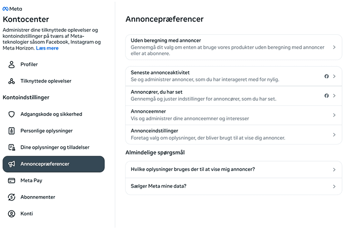 Facebook Ad preferences settings.