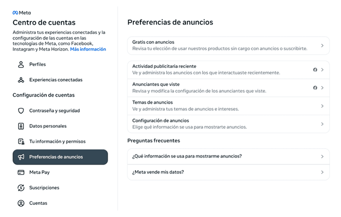 Facebook Ad preferences settings.