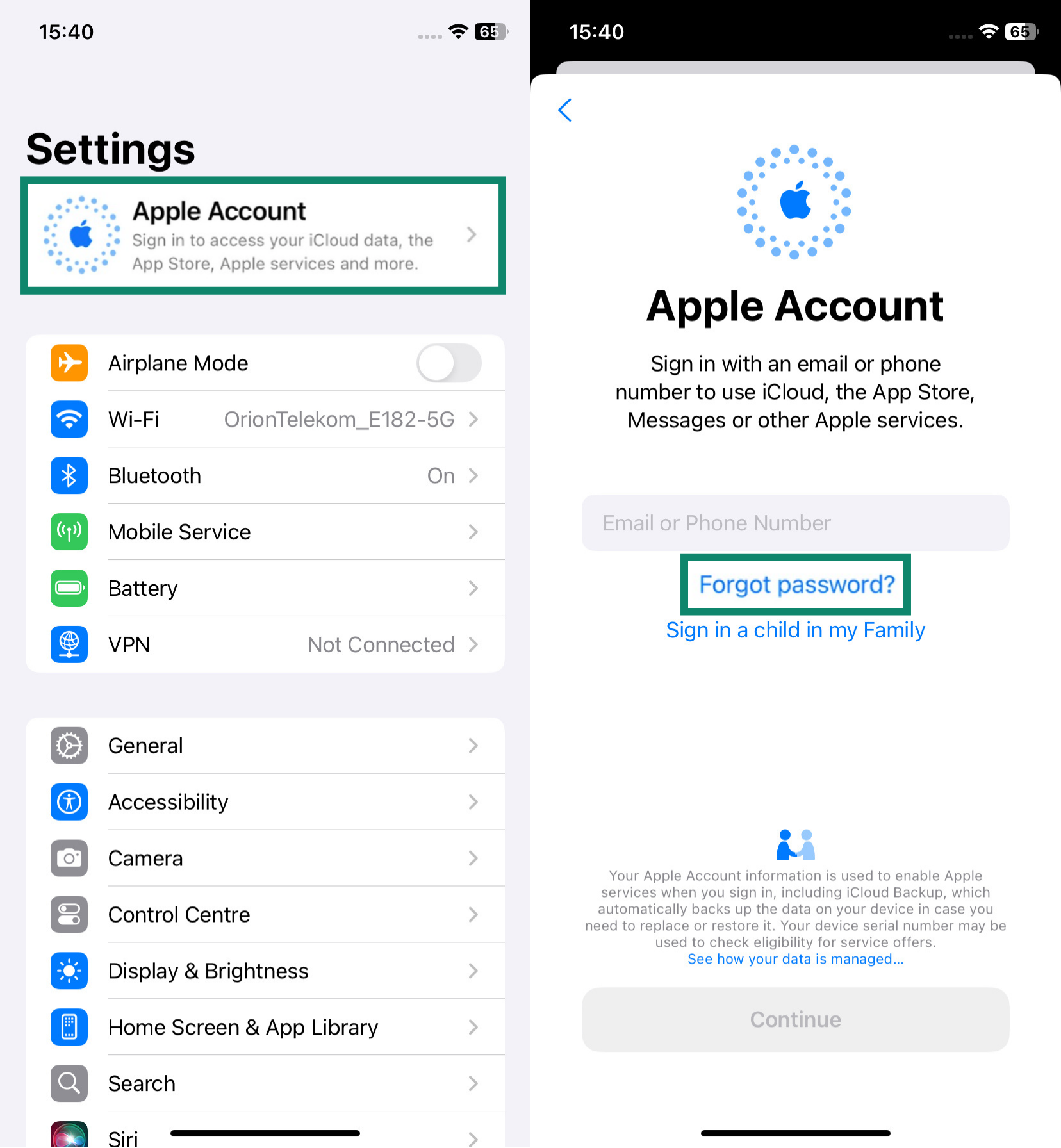Two side-by-side screenshots showing the Apple Settings page menu (left) and the Apple Account sign in screen with the Forgot password? option highlighted (right)