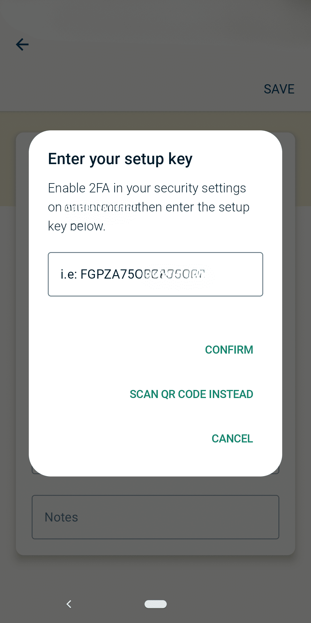 The ExpressVPN authenticator app's setup key screen.