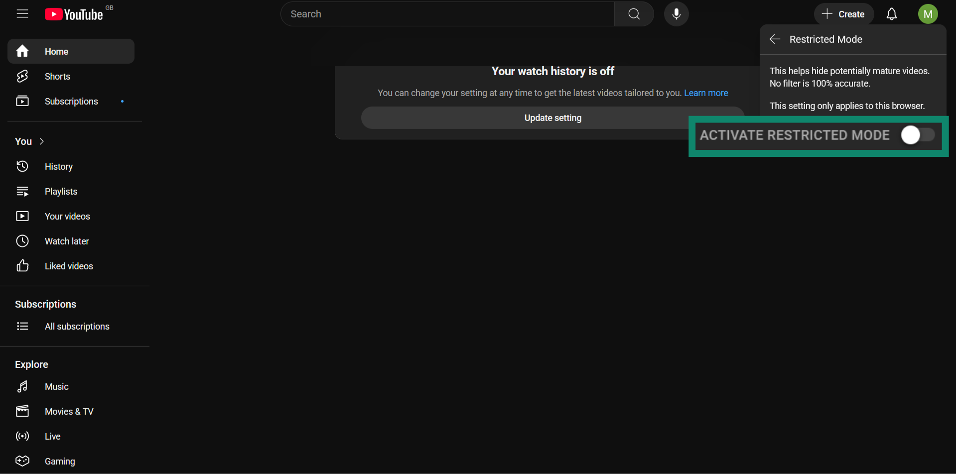 The YouTube homepage, showing the option to turn Restricted Mode on.