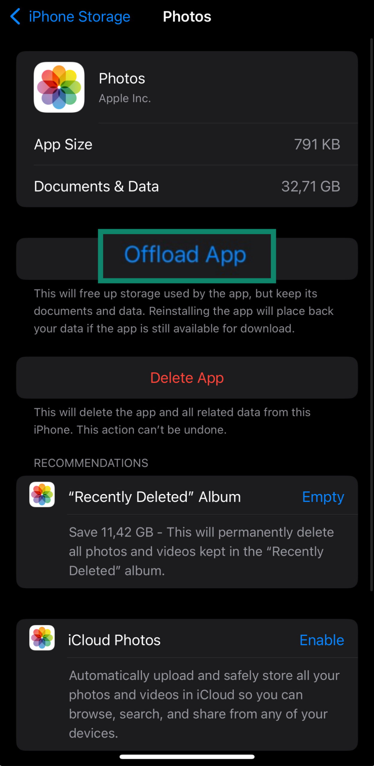 The iOS offload app page.