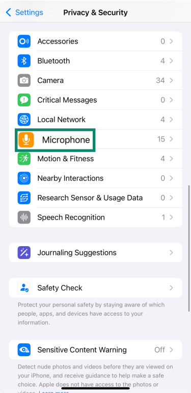 Microphone settings in iOS.
