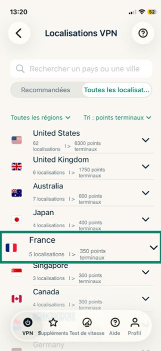 ExpressVPN's server select menu.