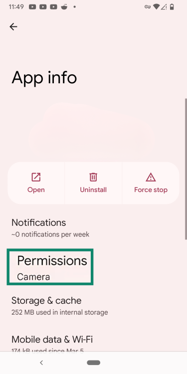 An Android open to a generic app, highlighting the Permissions option.