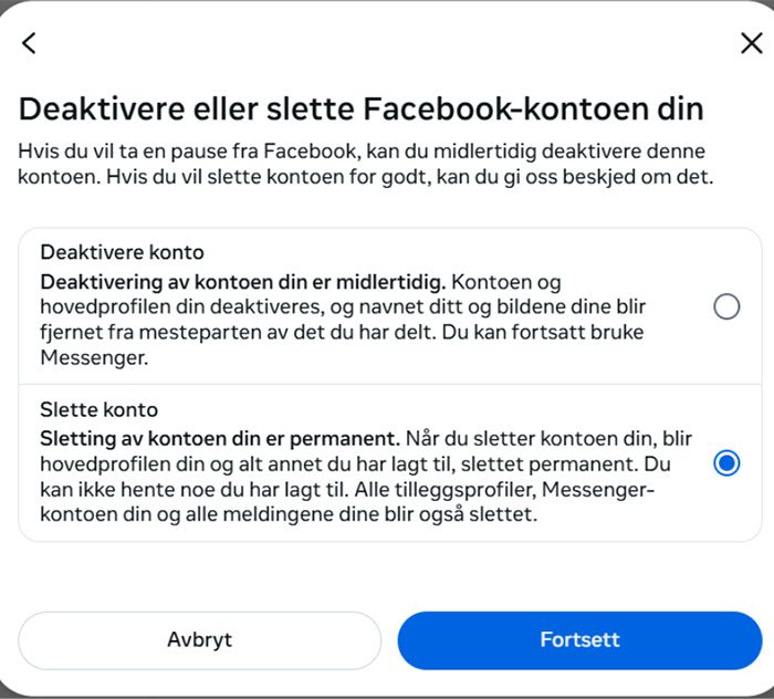Deactivating or deleting your Facebook account selection screen.