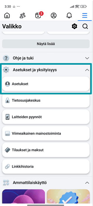 Facebook Android app Menu with Settings & privacy and Settings highlighted.
