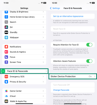 Two side-by-side screenshots of iPhone Settings. The left screenshot highlights “Face ID & Passcode” in the Settings menu. The right screenshot shows the Stolen Device Protection option highlighted within the Face ID & Passcode settings.