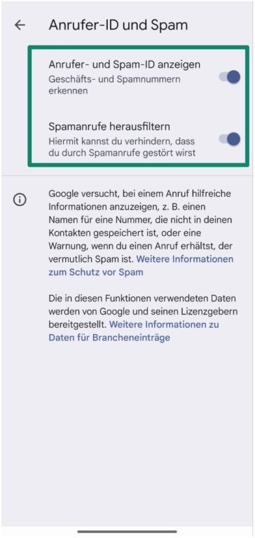 Android settings to “Block all spam and scam calls” is selected.