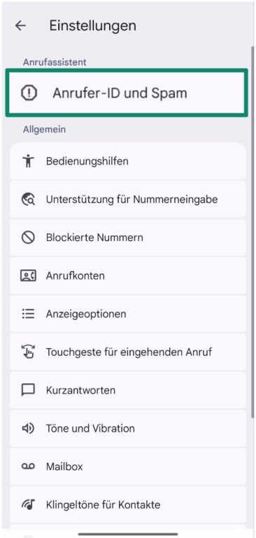 Android call settings with “Caller ID and spam protection” highlighted.