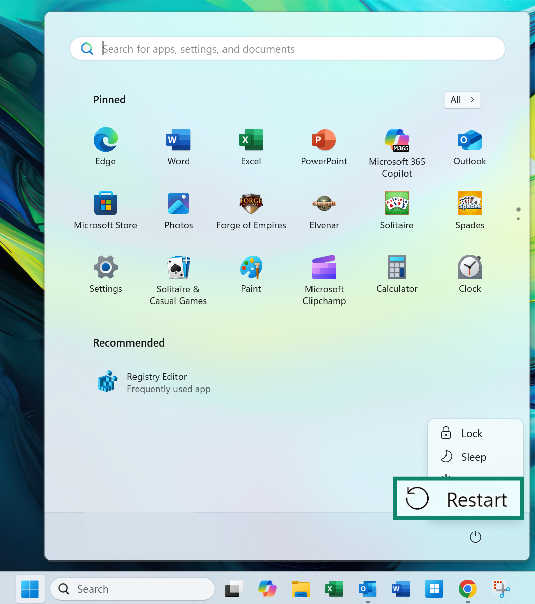 Screenshot showing the Start Menu open, with the Restart button selected.