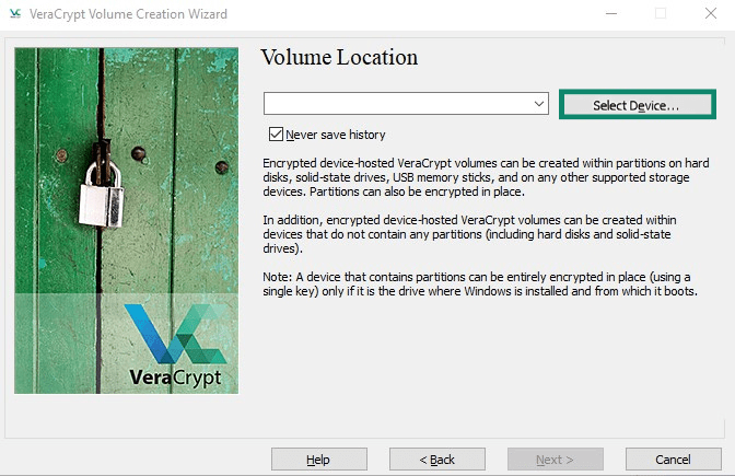 VeraCrypt Volume Creation Wizard Volume Location screen with Select Device highlighted.