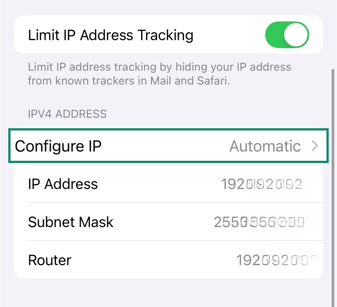 Connected Wi-Fi network settings close-up shot with the Configure IP option highlighted.