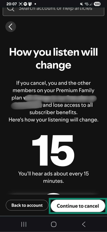 A screenshot showing the alert that comes when a user proceeds toward canceling a premium plan.