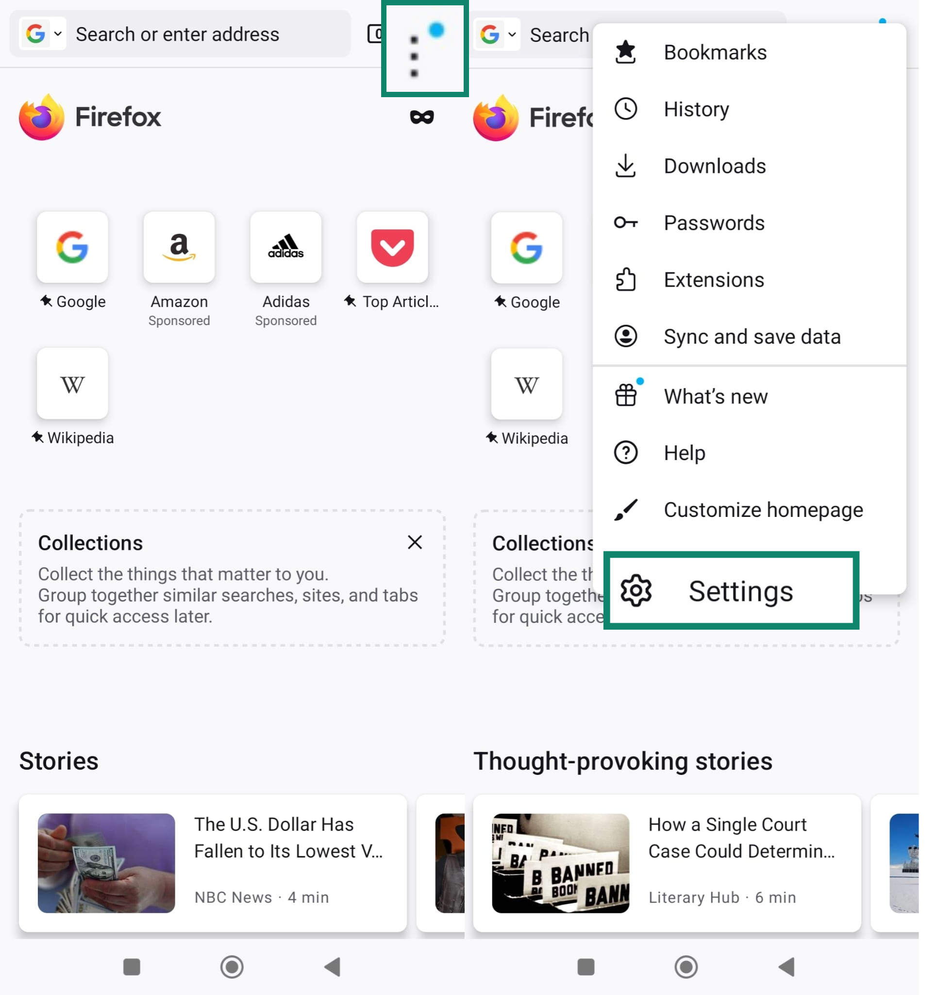 Accessing Firefox settings from the three-dot menu on Android.
