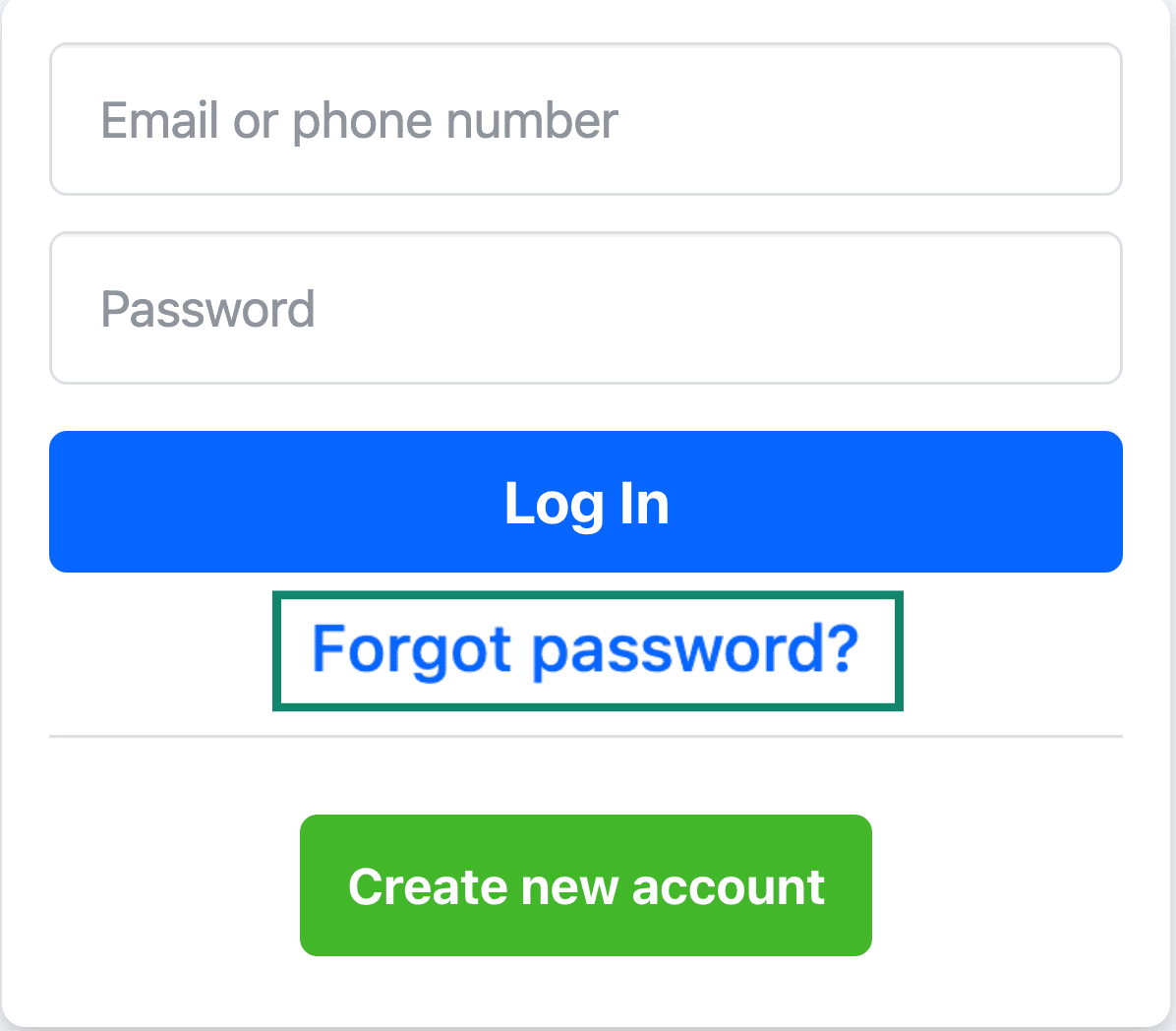 Facebook login page with the password reset option highlighted.