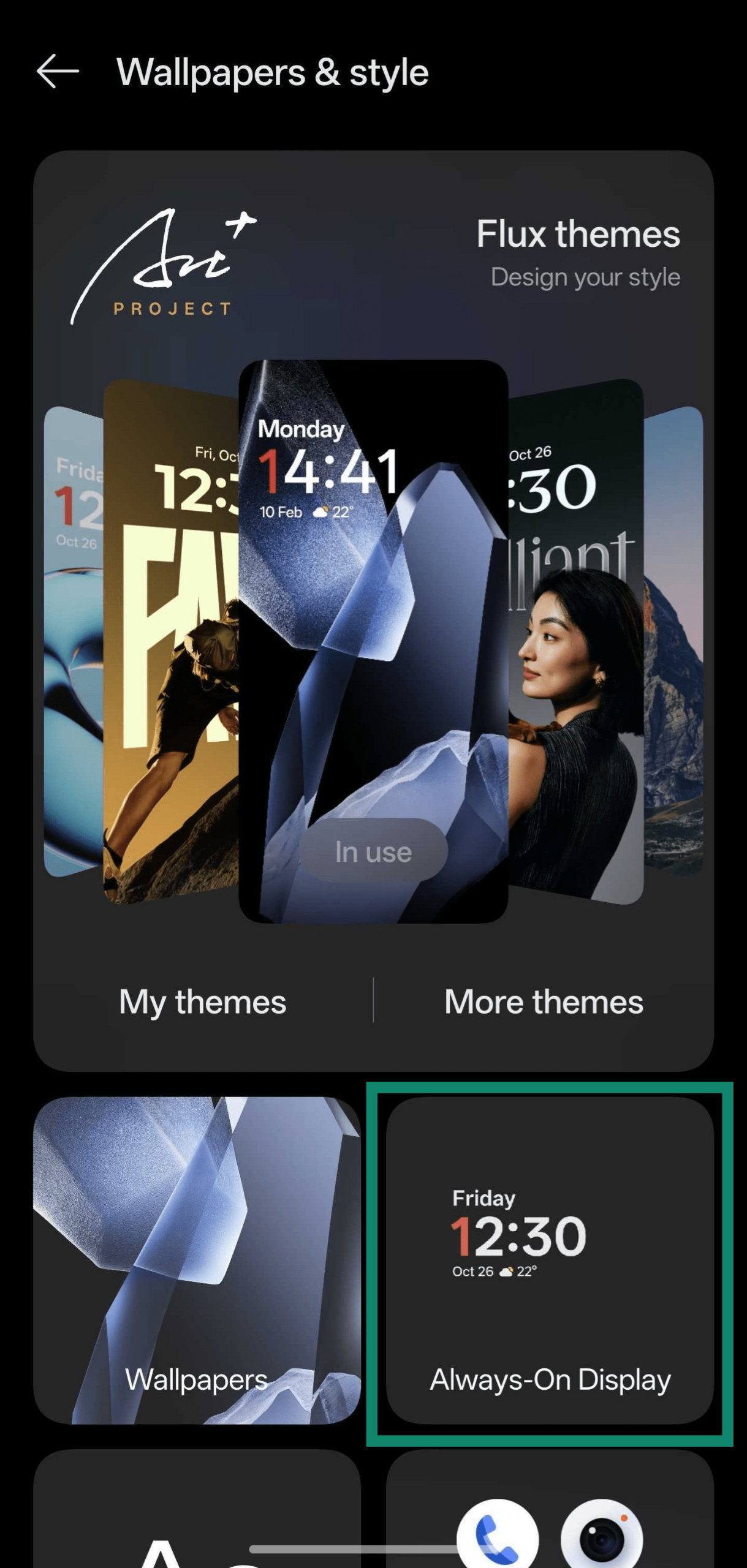 Screenshot showing how to access the Always-On Display menu from OnePlus' Wallpapers & style menu