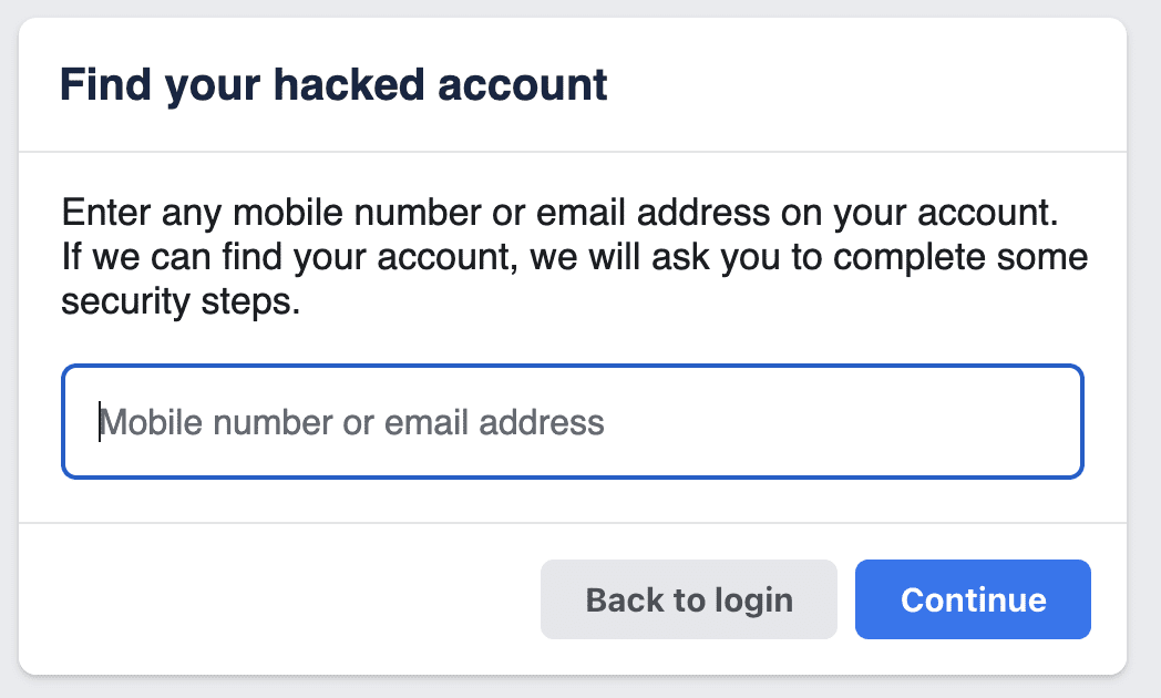 Facebook hacked account search page using email address or phone number.