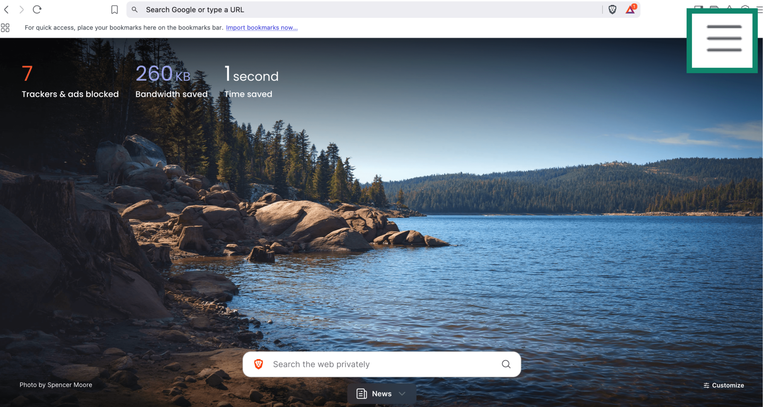 Brave browser home screen with three-line menu icon highlighted in the top-right corner