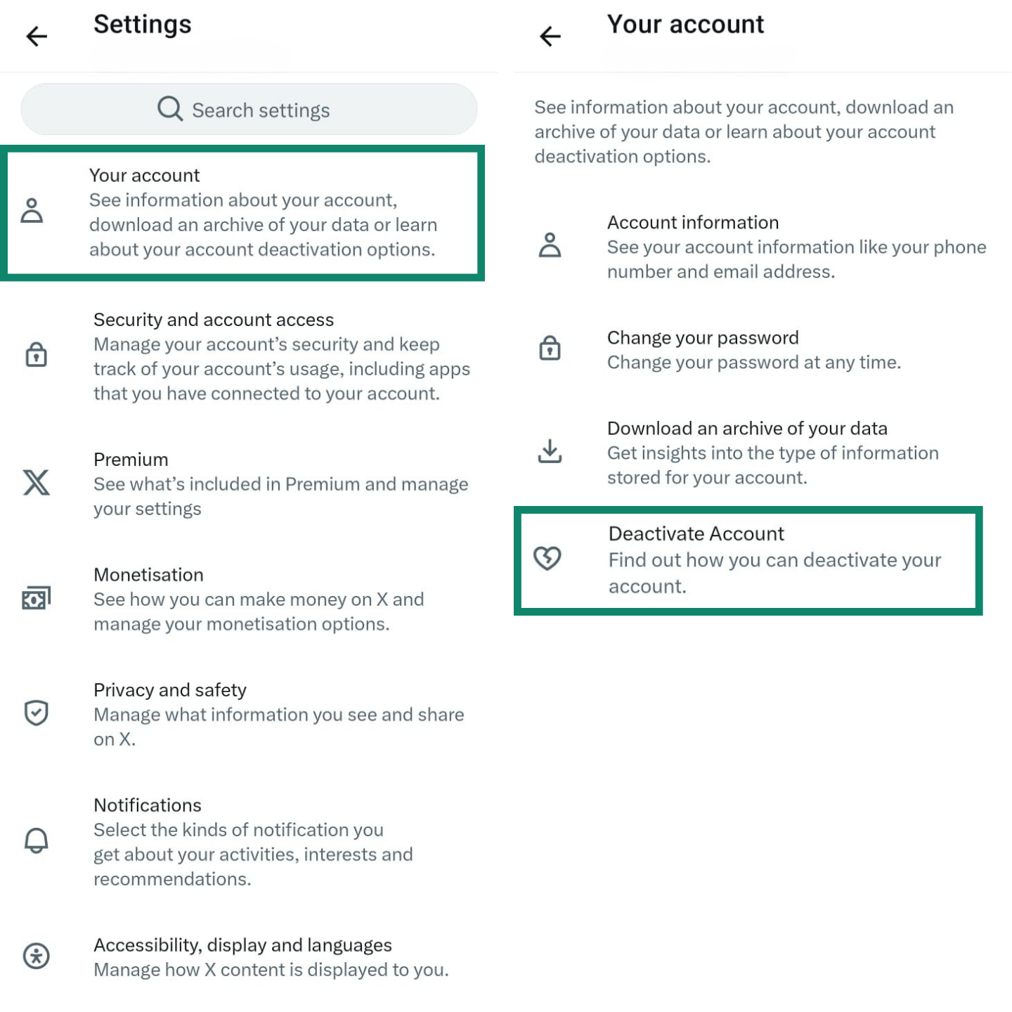Two side-by-side screenshots for iOS, with the first panel showing the "Your account" option being selected from the Settings menu. The second panel shows the "Deactivate your account" option being selected from the following screen.