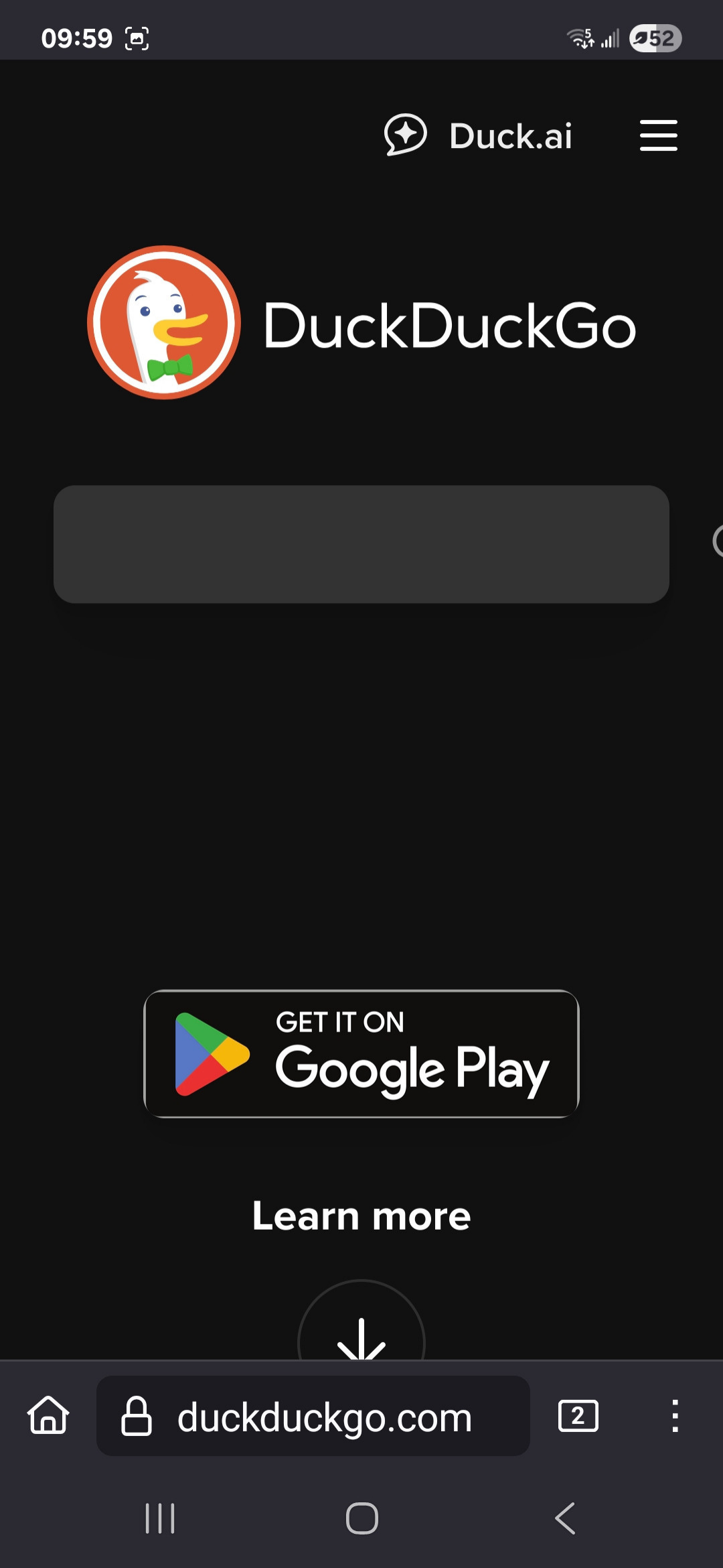 DuckDuckGo search engine page on Android.