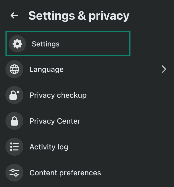 Facebook account settings tab with the Settings option highlighted.