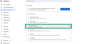 Third party cookies on Chrome settings