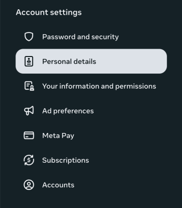 Personal details highlighted in Meta account settings via the Facebook settings dashboard.