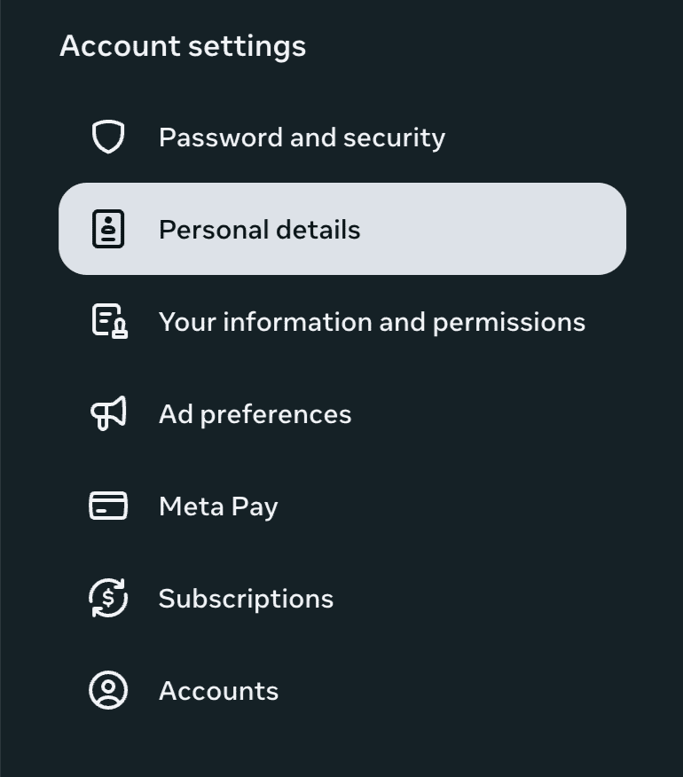 Personal details highlighted in Meta account settings via the Facebook settings dashboard.